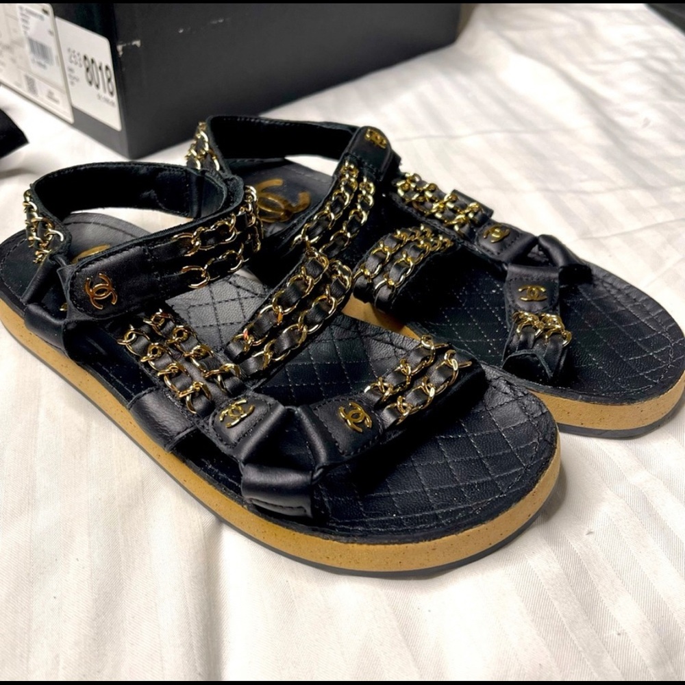 Authentic Chanel Double Chain Sandals. Black calfskin leather. Size 35.